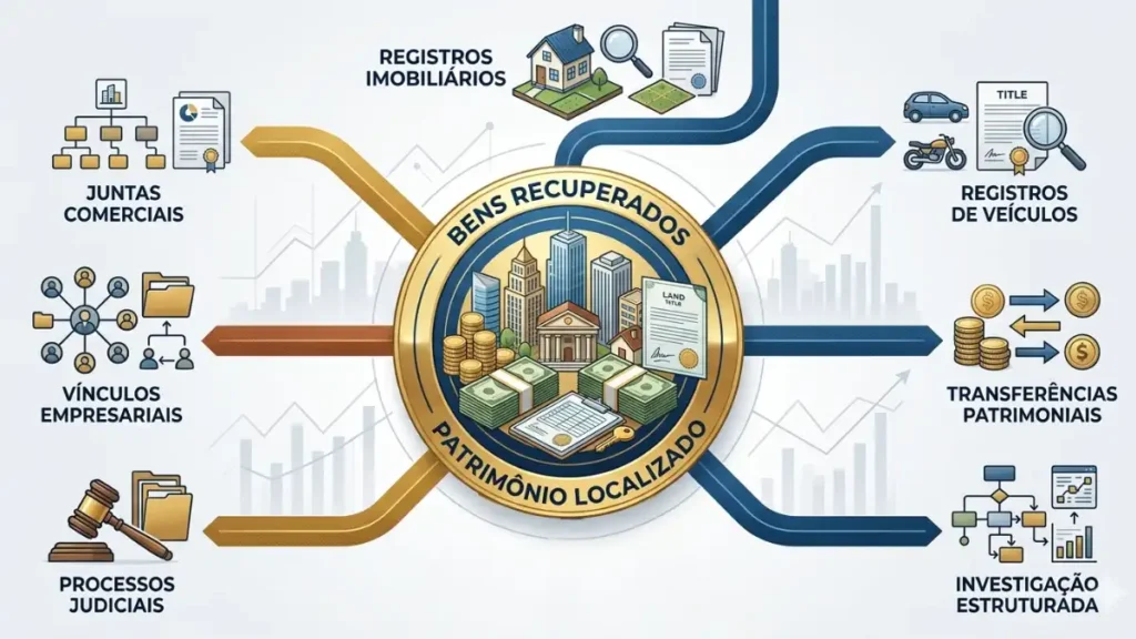 7 caminhos legais para como descobrir bens de um devedor por meio de investigação patrimonial, incluindo registros imobiliários, juntas comerciais, vínculos empresariais e transferências patrimoniais.