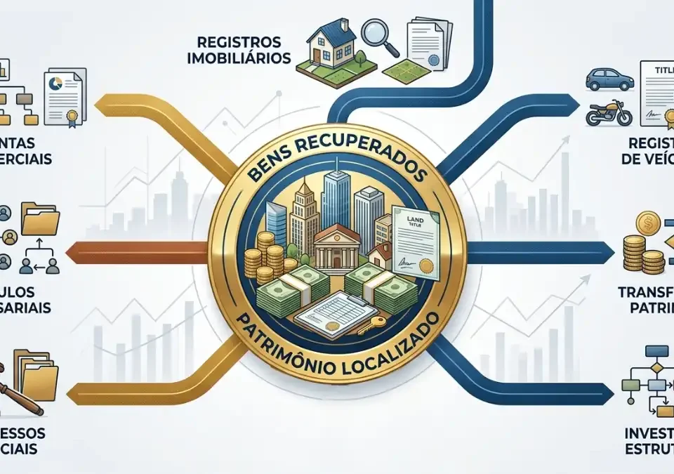 7 caminhos legais para como descobrir bens de um devedor por meio de investigação patrimonial, incluindo registros imobiliários, juntas comerciais, vínculos empresariais e transferências patrimoniais.