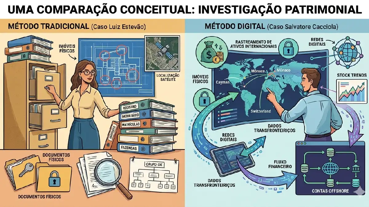 Infográfico comparativo de investigação patrimonial para avaliar recuperação de dívida: à esquerda o método tradicional com foco em bens imóveis (Caso Luiz Estevão/Grupo OK) e à direita o método digital com foco em contas offshore e rastreamento transfronteiriço (Caso Salvatore Cacciola).