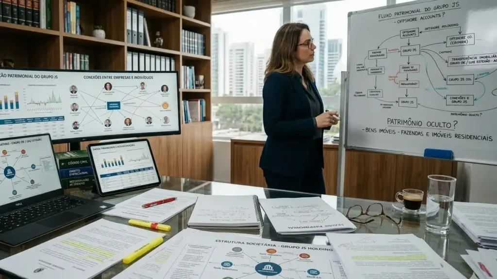 Advogado analisando documentos de investigação patrimonial para identificar fraude patrimonial e ocultação de bens de devedor