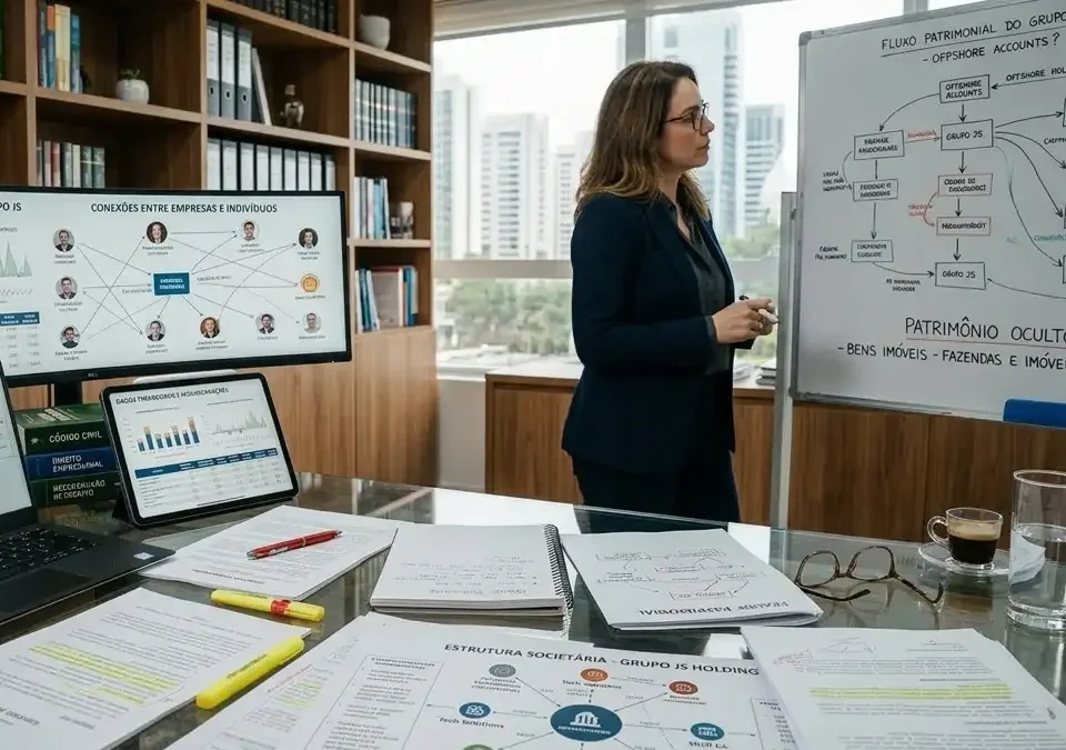 Advogado analisando documentos de investigação patrimonial para identificar fraude patrimonial e ocultação de bens de devedor