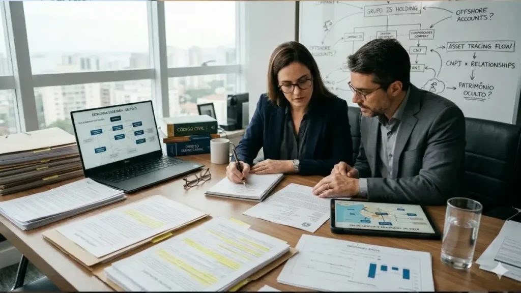 advogado analisando documentos de investigação patrimonial para localizar bens de devedor