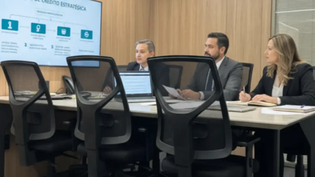 Equipe jurídica analisando estratégia de recuperação de crédito estratégica em reunião corporativa com apresentação de fluxograma de investigação patrimonial