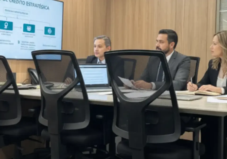 Equipe jurídica analisando estratégia de recuperação de crédito estratégica em reunião corporativa com apresentação de fluxograma de investigação patrimonial